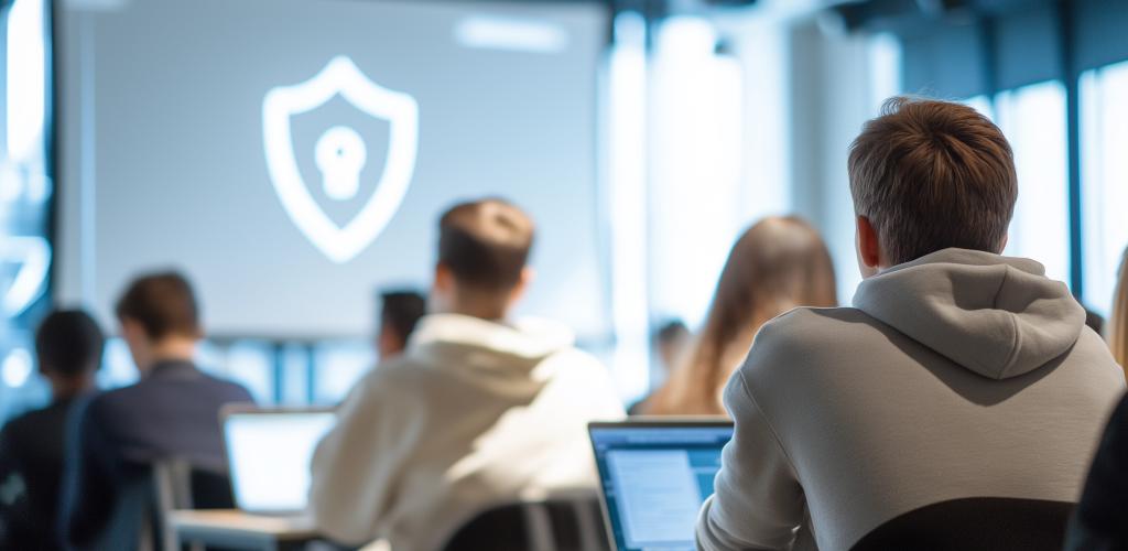 classroom with abstract shield on a display screen