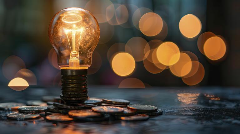 light bulb and coins on a table